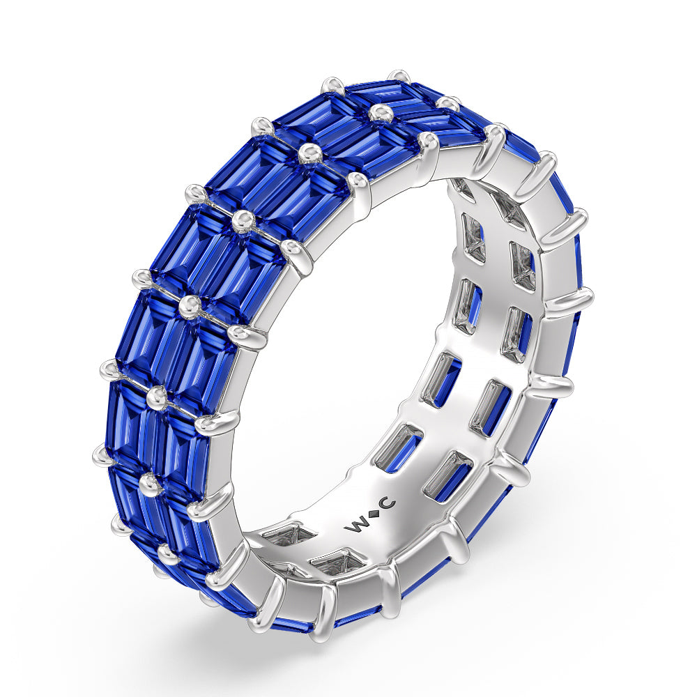 Two Row East West Created Sapphire Emerald  Eternity Ring with 14KT White Gold Cut Diamond in 14KT White Gold view 2
