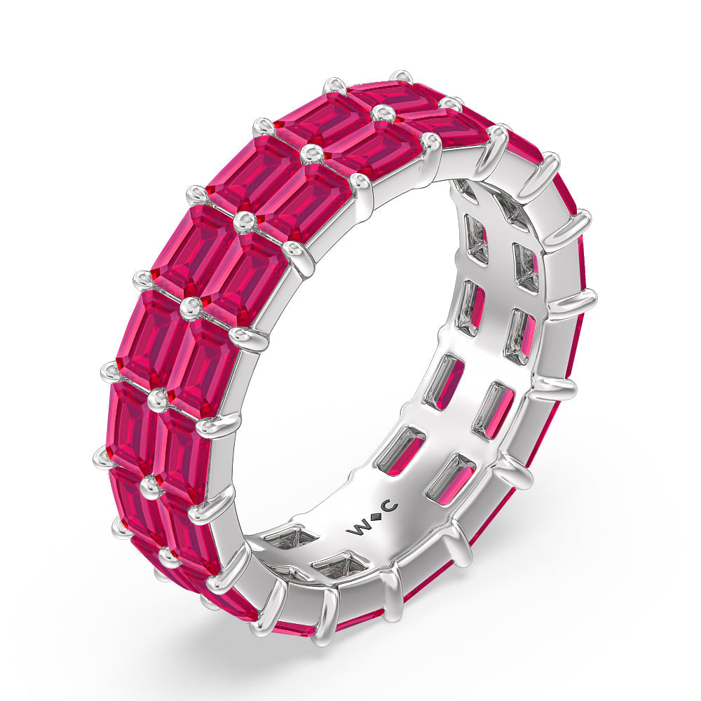 Two Row East West Created Ruby Emerald  Eternity Ring with 14KT White Gold Cut Diamond in 14KT White Gold view 2
