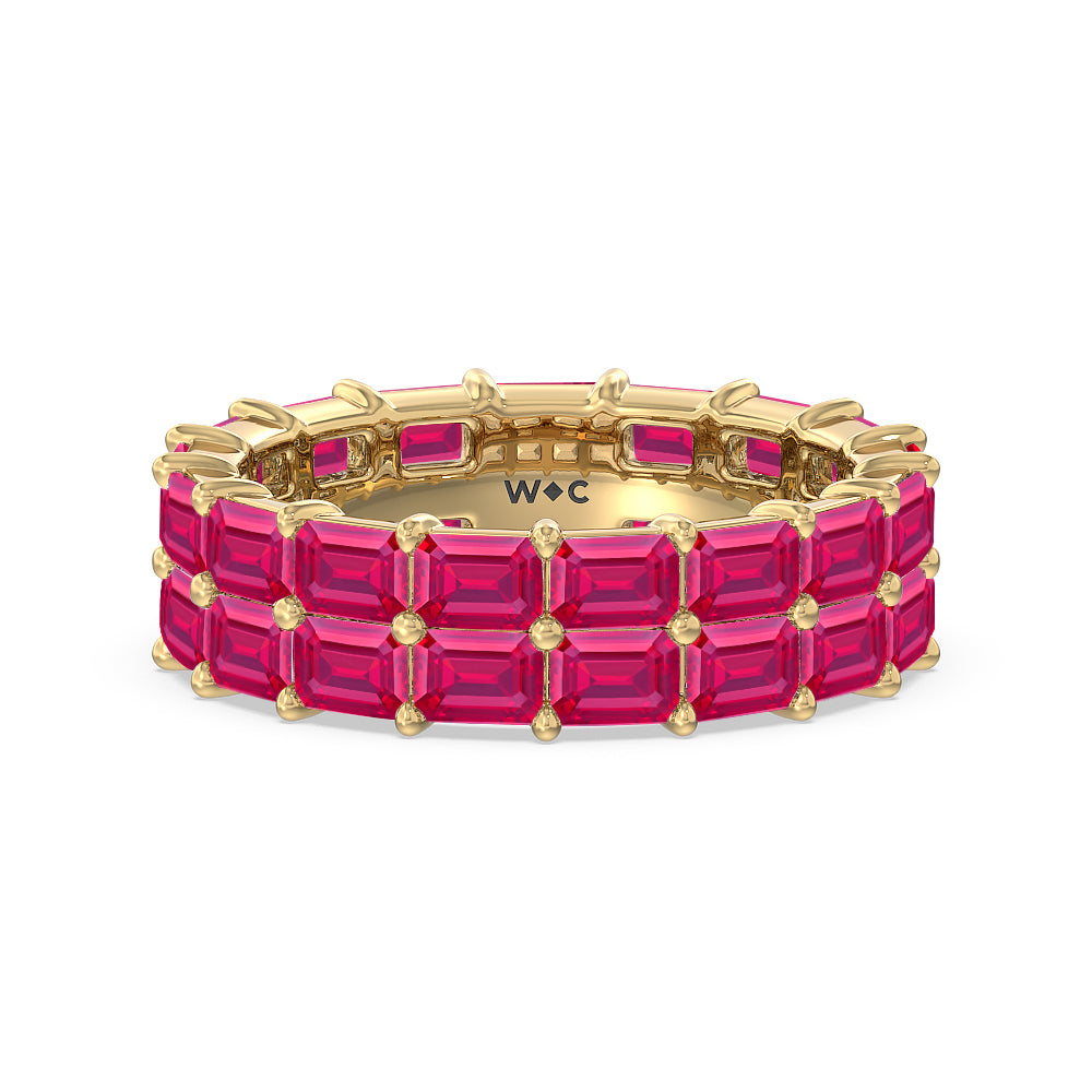 Two Row East West Created Ruby Emerald  Eternity Ring with 14KT Yellow Gold Cut Diamond in 14KT Yellow Gold view 1
