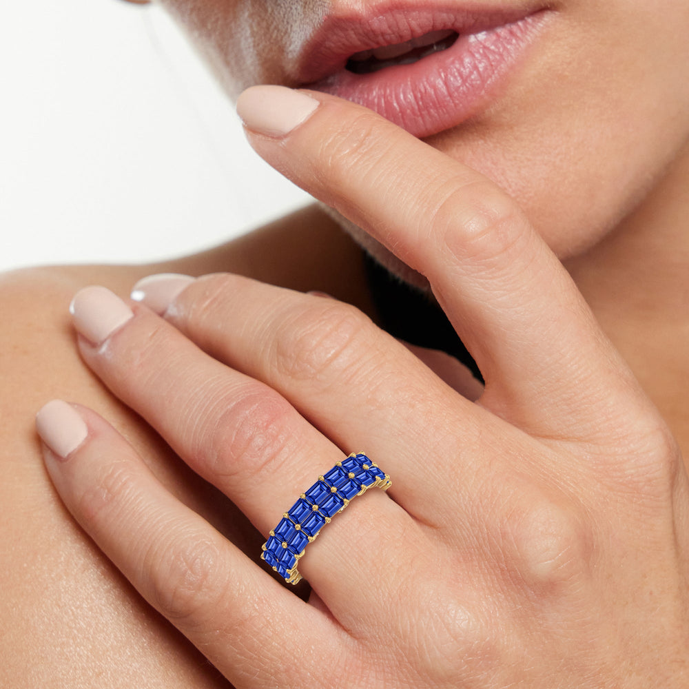 Model Wearing Two Row East West Created Sapphire Emerald  Eternity Ring view