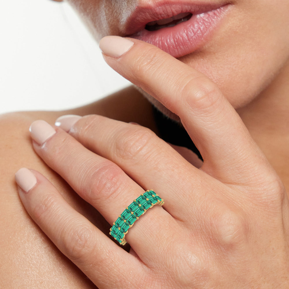 Model Wearing Two Row East West Created Emerald Eternity Ring view