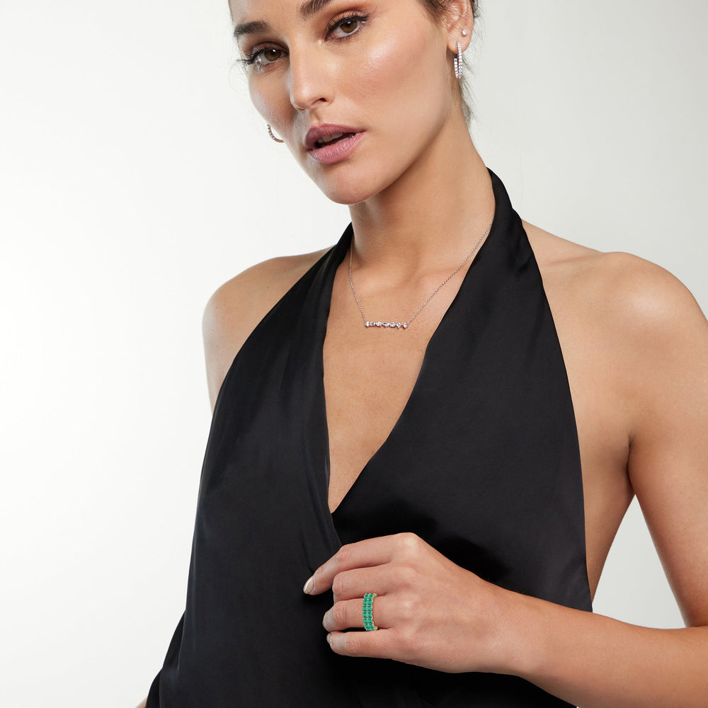 Model Wearing Two Row East West Created Emerald Eternity Ring view