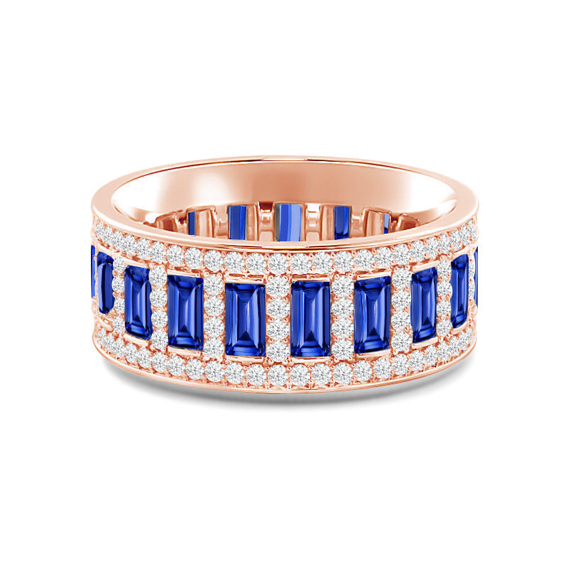 Geometric Halo Vertical Created Sapphire Baguette and Diamond Eternity Ring with 14KT Rose Gold Cut Diamond in 14KT Rose Gold view 1
