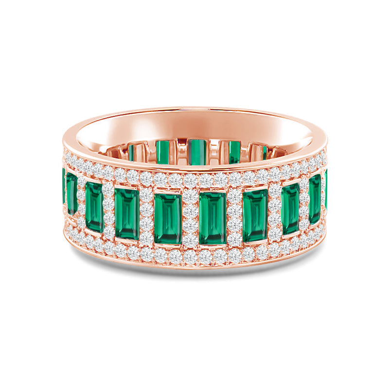 Geometric Halo Vertical Created Emerald Baguette and Diamond Eternity Ring with 14KT Rose Gold Cut Diamond in 14KT Rose Gold view 1
