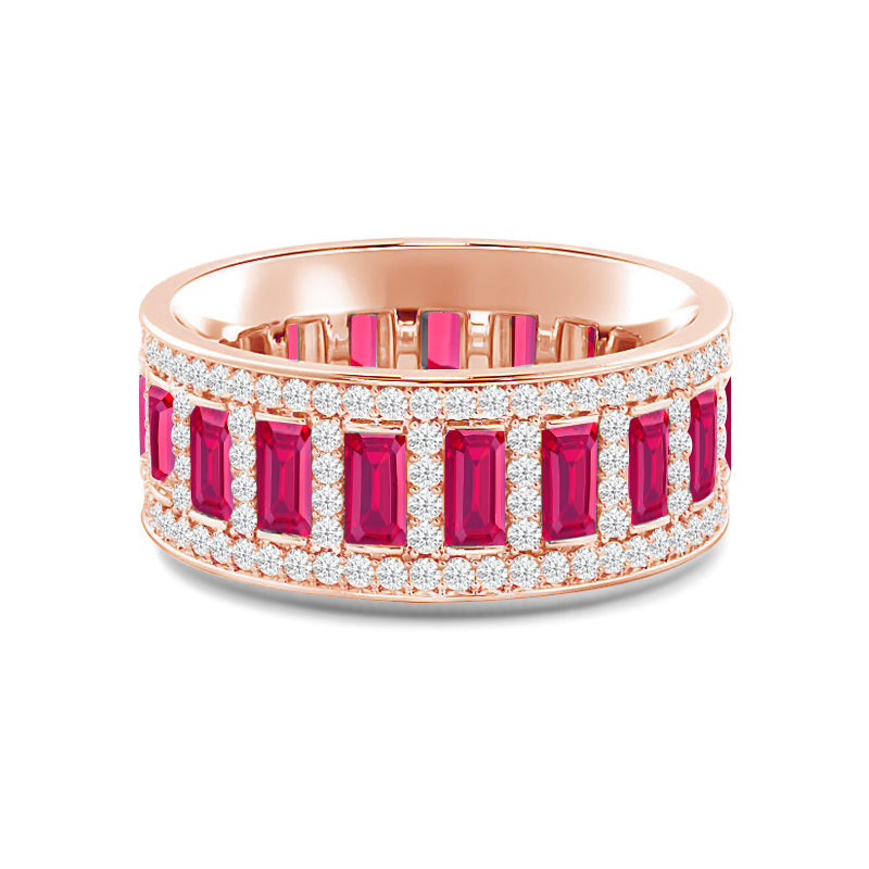 Geometric Halo Vertical Created Ruby Baguette and Diamond Eternity Ring with 14KT Rose Gold Cut Diamond in 14KT Rose Gold view 1
