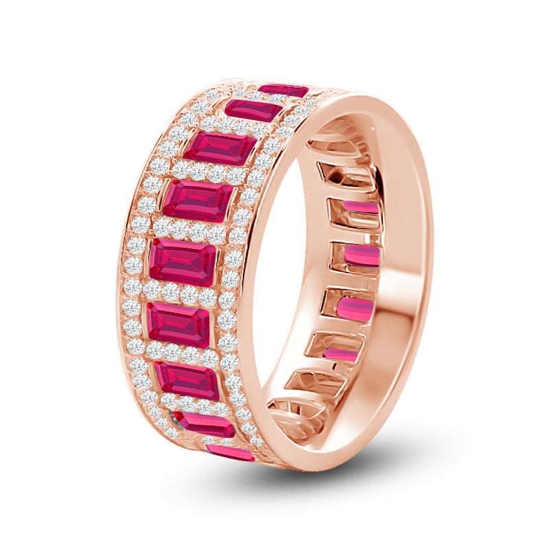 Geometric Halo Vertical Created Ruby Baguette and Diamond Eternity Ring with 14KT Rose Gold Cut Diamond in 14KT Rose Gold view 2
