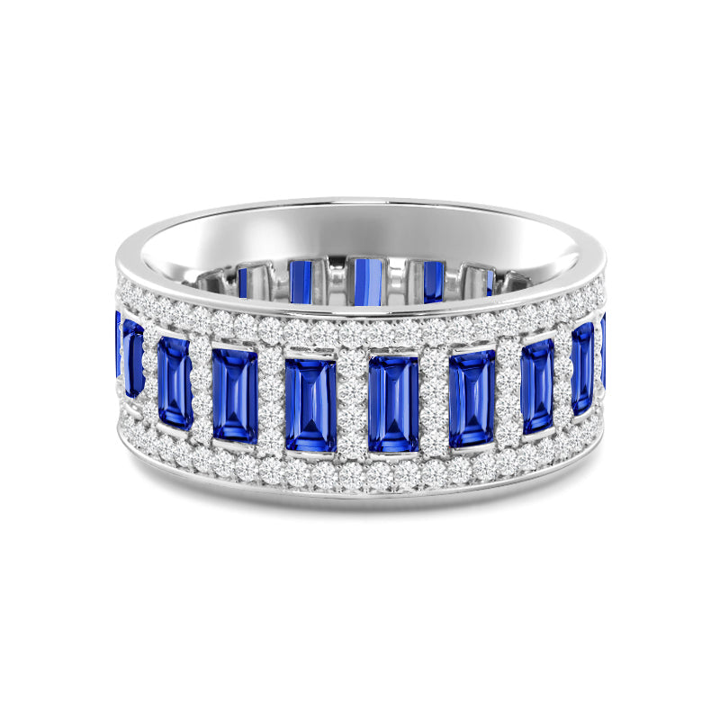 Geometric Halo Vertical Created Sapphire Baguette and Diamond Eternity Ring with 14KT White Gold Cut Diamond in 14KT White Gold view 1
