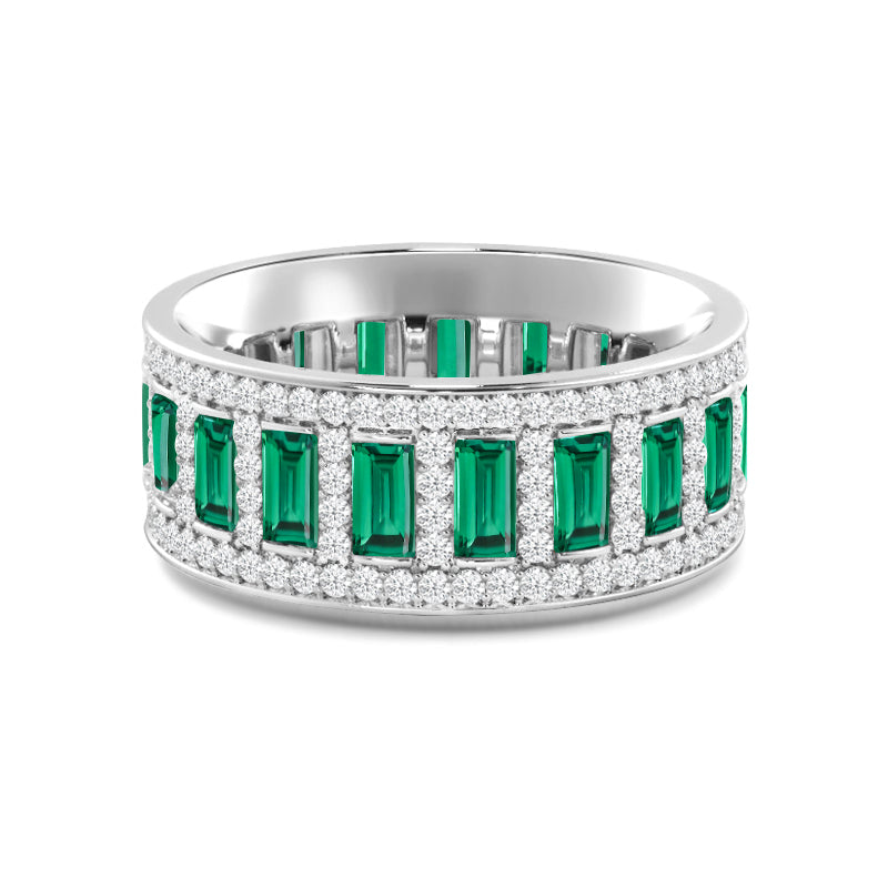 Geometric Halo Vertical Created Emerald Baguette and Diamond Eternity Ring with 14KT White Gold Cut Diamond in 14KT White Gold view 1
