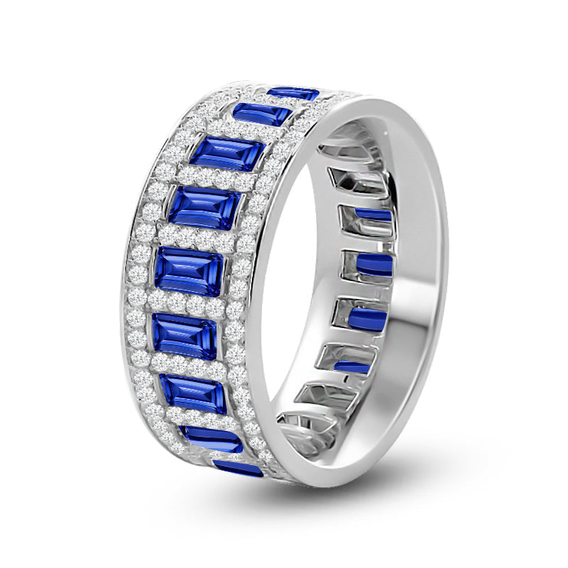Geometric Halo Vertical Created Sapphire Baguette and Diamond Eternity Ring with 14KT White Gold Cut Diamond in 14KT White Gold view 2
