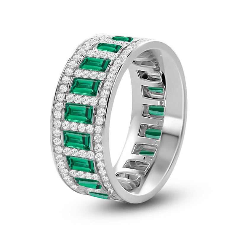 Geometric Halo Vertical Created Emerald Baguette and Diamond Eternity Ring with 14KT White Gold Cut Diamond in 14KT White Gold view 2
