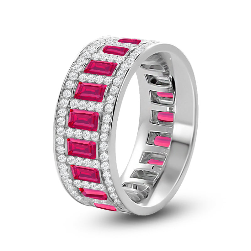 Geometric Halo Vertical Created Ruby Baguette and Diamond Eternity Ring with 14KT White Gold Cut Diamond in 14KT White Gold view 2
