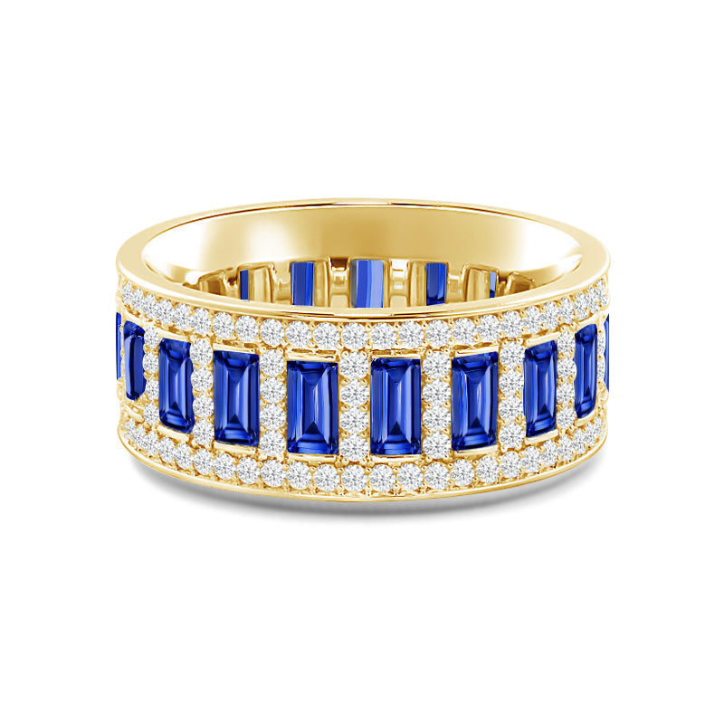 Geometric Halo Vertical Created Sapphire Baguette and Diamond Eternity Ring with 14KT Yellow Gold Cut Diamond in 14KT Yellow Gold view 1
