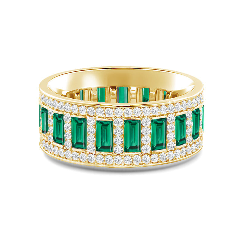 Geometric Halo Vertical Created Emerald Baguette and Diamond Eternity Ring with 14KT Yellow Gold Cut Diamond in 14KT Yellow Gold view 1
