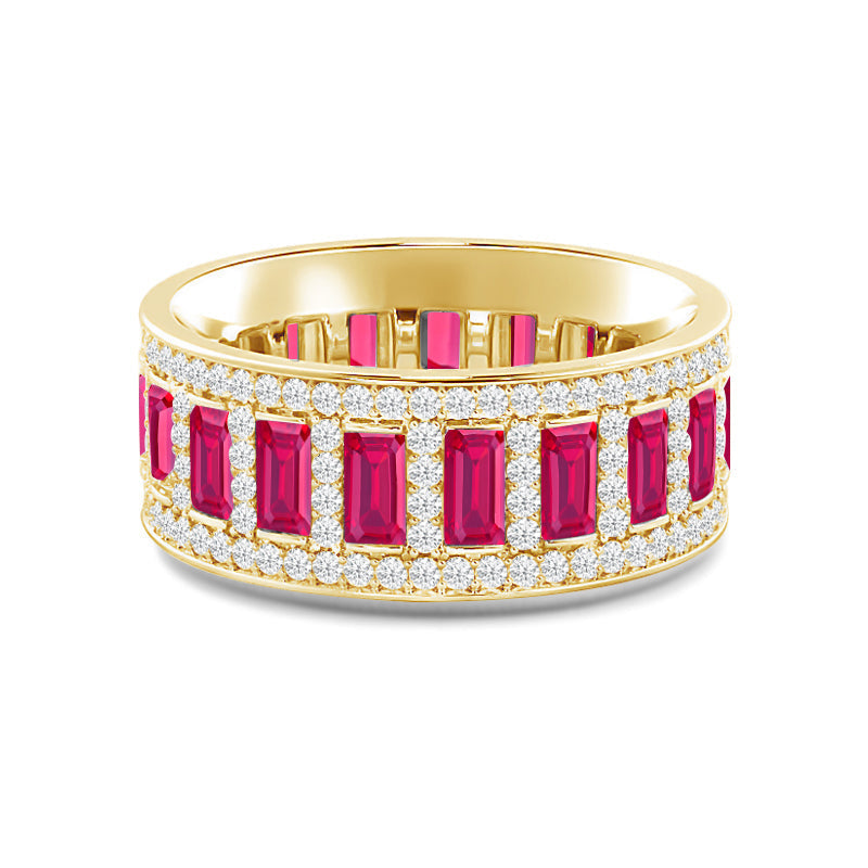Geometric Halo Vertical Created Ruby Baguette and Diamond Eternity Ring with 14KT Yellow Gold Cut Diamond in 14KT Yellow Gold view 1
