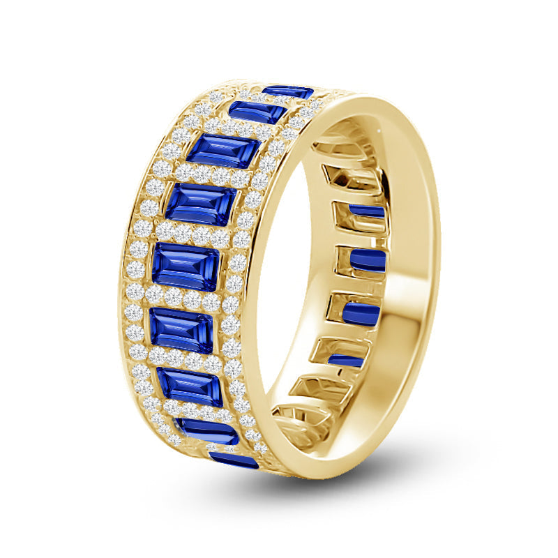 Geometric Halo Vertical Created Sapphire Baguette and Diamond Eternity Ring with 14KT Yellow Gold Cut Diamond in 14KT Yellow Gold view 2
