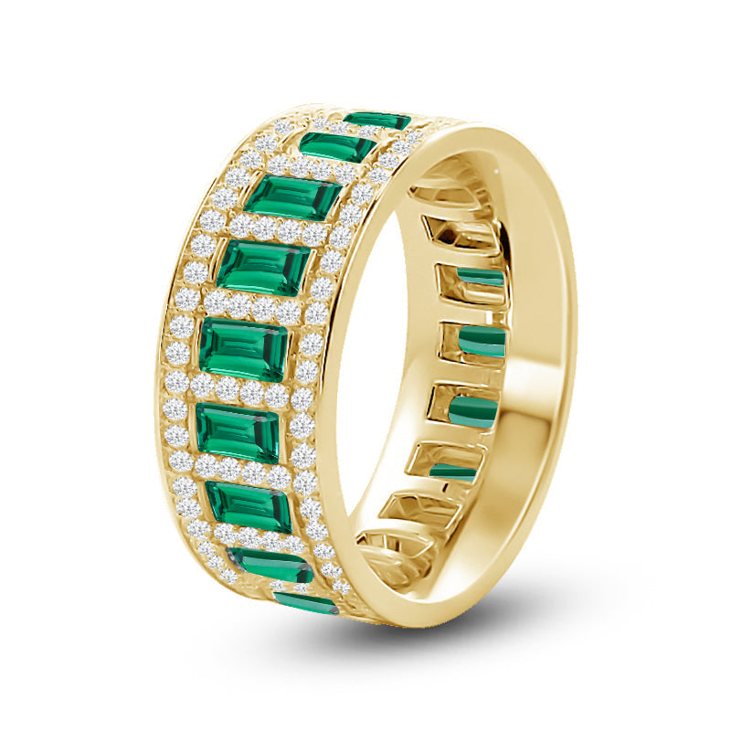 Geometric Halo Vertical Created Emerald Baguette and Diamond Eternity Ring with 14KT Yellow Gold Cut Diamond in 14KT Yellow Gold view 2
