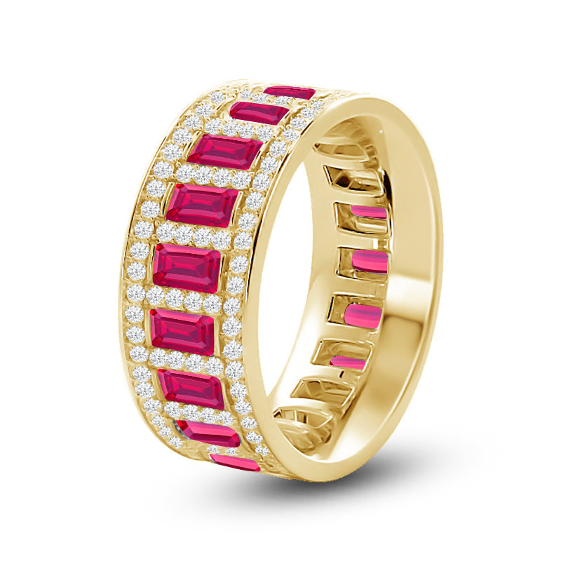 Geometric Halo Vertical Created Ruby Baguette and Diamond Eternity Ring with 14KT Yellow Gold Cut Diamond in 14KT Yellow Gold view 2
