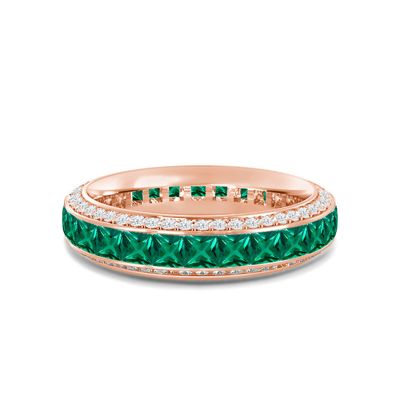Pave Sides and Created Emerald Princess Eternity Ring with 14KT Rose Gold Cut Diamond in 14KT Rose Gold view 1
