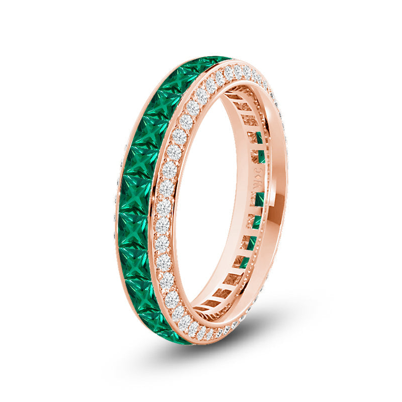 Pave Sides and Created Emerald Princess Eternity Ring with 14KT Rose Gold Cut Diamond in 14KT Rose Gold view 2
