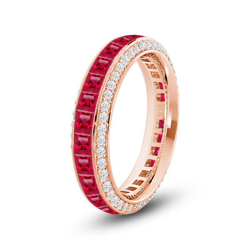 Pave Sides and Created Ruby Princess Eternity Ring with 14KT Rose Gold Cut Diamond in 14KT Rose Gold view 2
