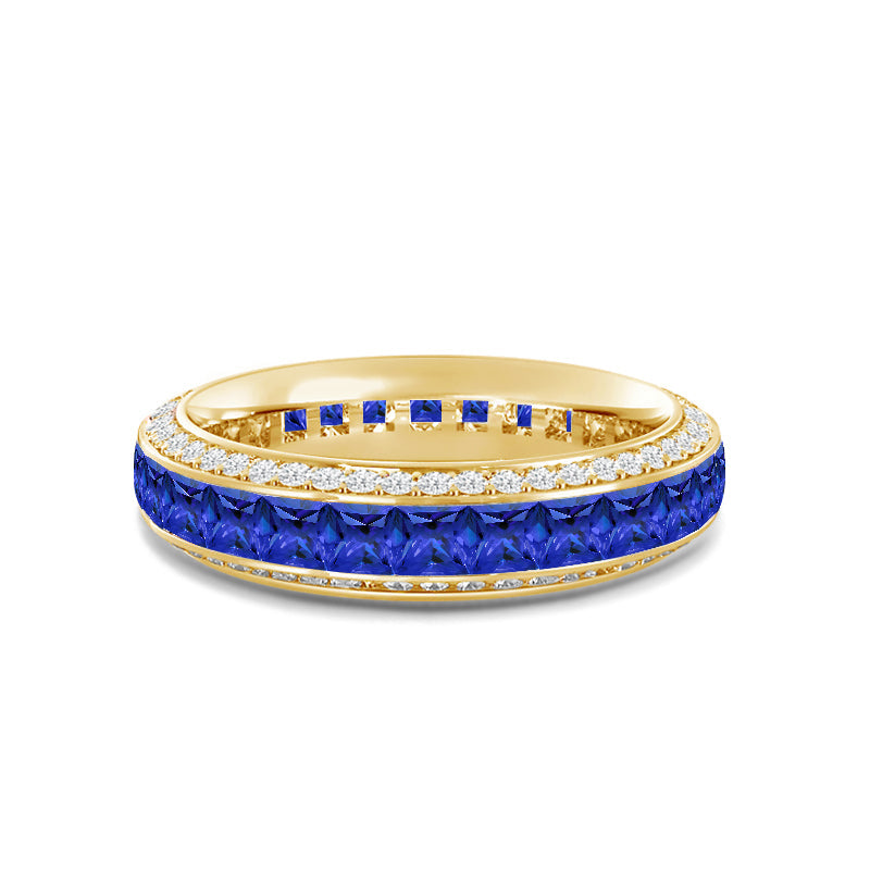 Pave Sides and Created Sapphire Princess Eternity Ring with 14KT Yellow Gold Cut Diamond in 14KT Yellow Gold view 1

