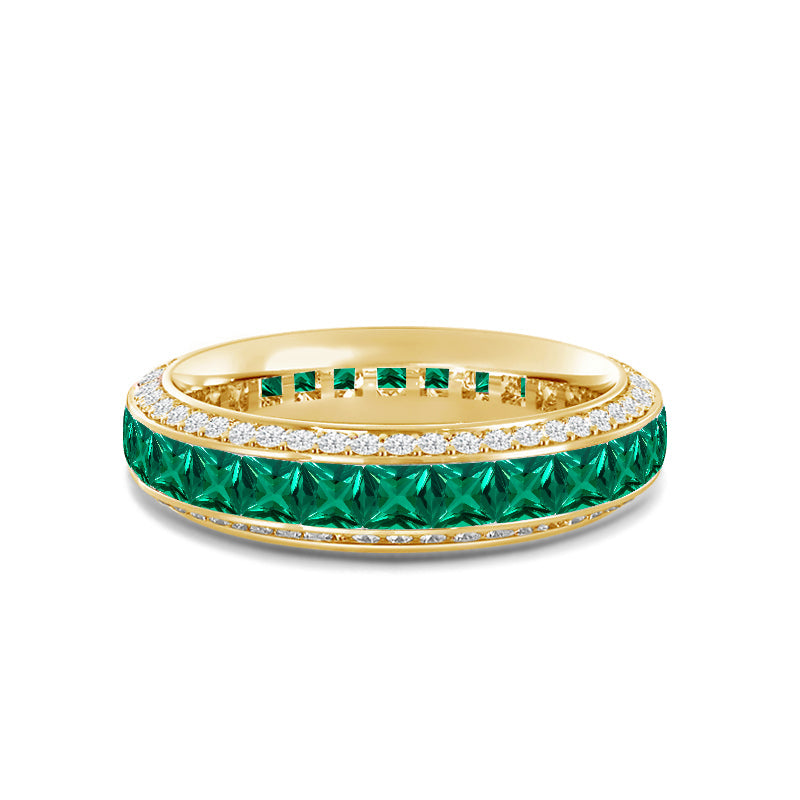 Pave Sides and Created Emerald Princess Eternity Ring with 14KT Yellow Gold Cut Diamond in 14KT Yellow Gold view 1
