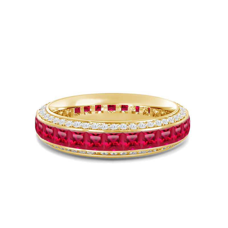 Pave Sides and Created Ruby Princess Eternity Ring with 14KT Yellow Gold Cut Diamond in 14KT Yellow Gold view 1
