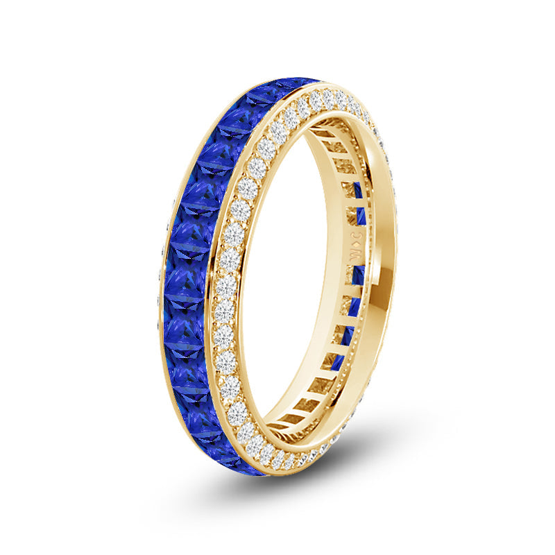 Pave Sides and Created Sapphire Princess Eternity Ring with 14KT Yellow Gold Cut Diamond in 14KT Yellow Gold view 2
