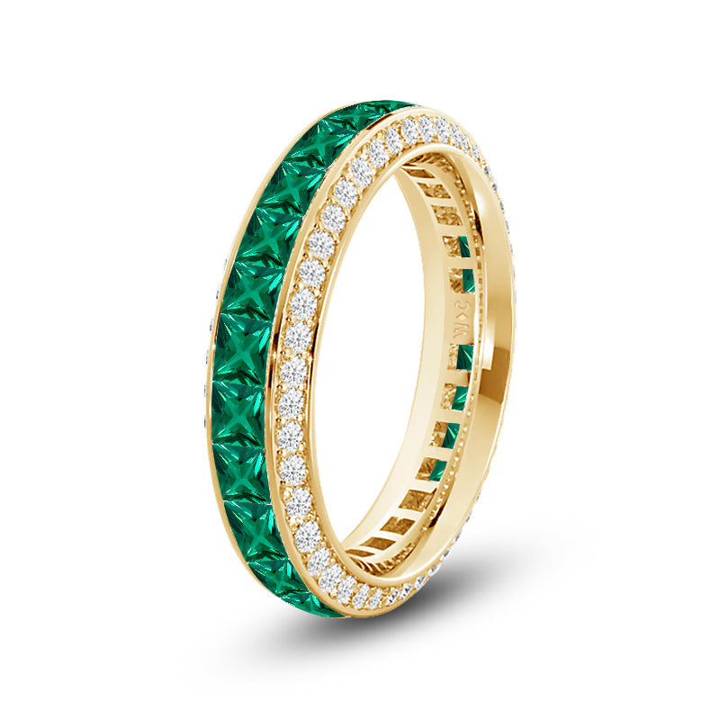 Pave Sides and Created Emerald Princess Eternity Ring with 14KT Yellow Gold Cut Diamond in 14KT Yellow Gold view 2
