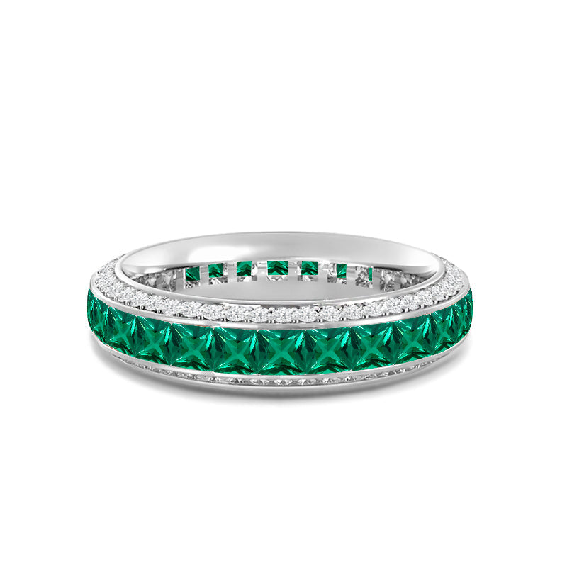 Pave Sides and Created Emerald Princess Eternity Ring with 14KT White Gold Cut Diamond in 14KT White Gold view 1
