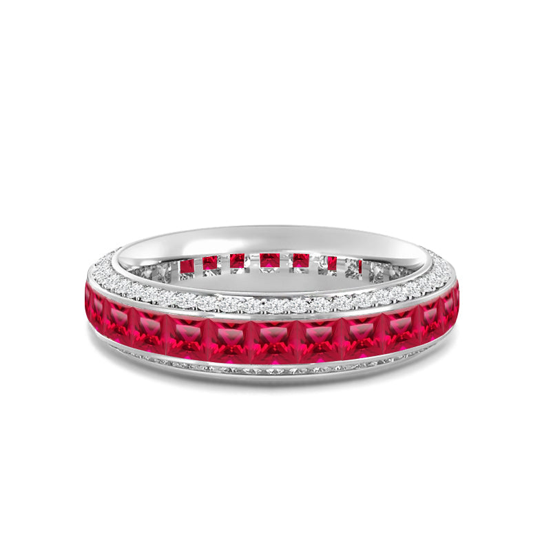 Pave Sides and Created Ruby Princess Eternity Ring with 14KT White Gold Cut Diamond in 14KT White Gold view 1
