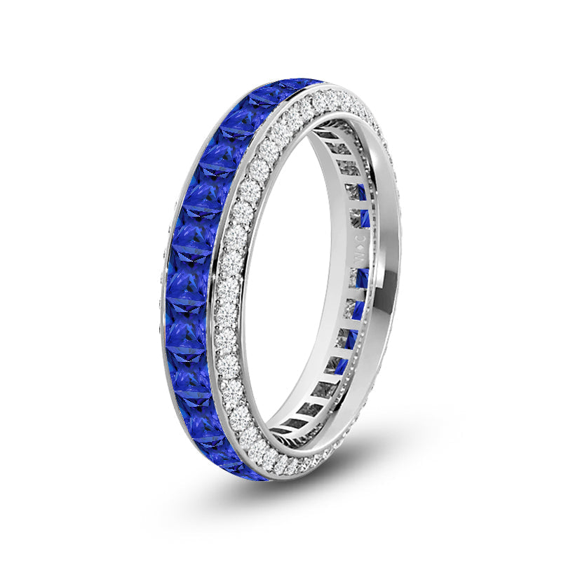 Pave Sides and Created Sapphire Princess Eternity Ring with 14KT White Gold Cut Diamond in 14KT White Gold view 2
