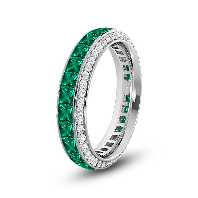 Pave Sides and Created Emerald Princess Eternity Ring with 14KT White Gold Cut Diamond in 14KT White Gold view 2

