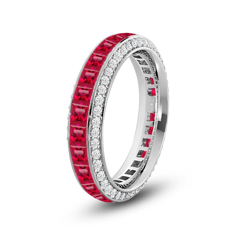Pave Sides and Created Ruby Princess Eternity Ring with 14KT White Gold Cut Diamond in 14KT White Gold view 2
