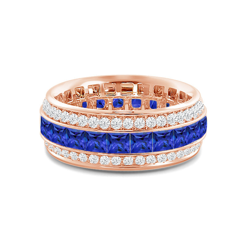 Triple Row Created Sapphire Princess and Round Diamond Eternity Ring with 14KT Rose Gold Cut Diamond in 14KT Rose Gold view 1
