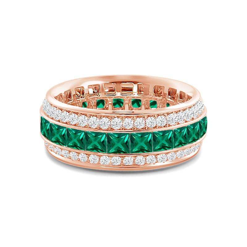 Triple Row Created Emerald Princess and Round Diamond Eternity Ring with 14KT Rose Gold Cut Diamond in 14KT Rose Gold view 1
