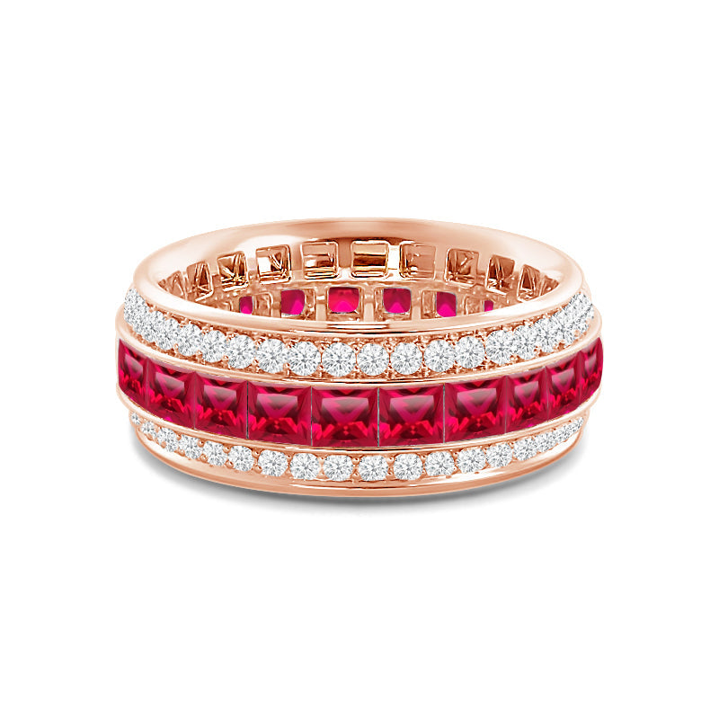 Triple Row Created Ruby Princess and Round Diamond Eternity Ring with 14KT Rose Gold Cut Diamond in 14KT Rose Gold view 1
