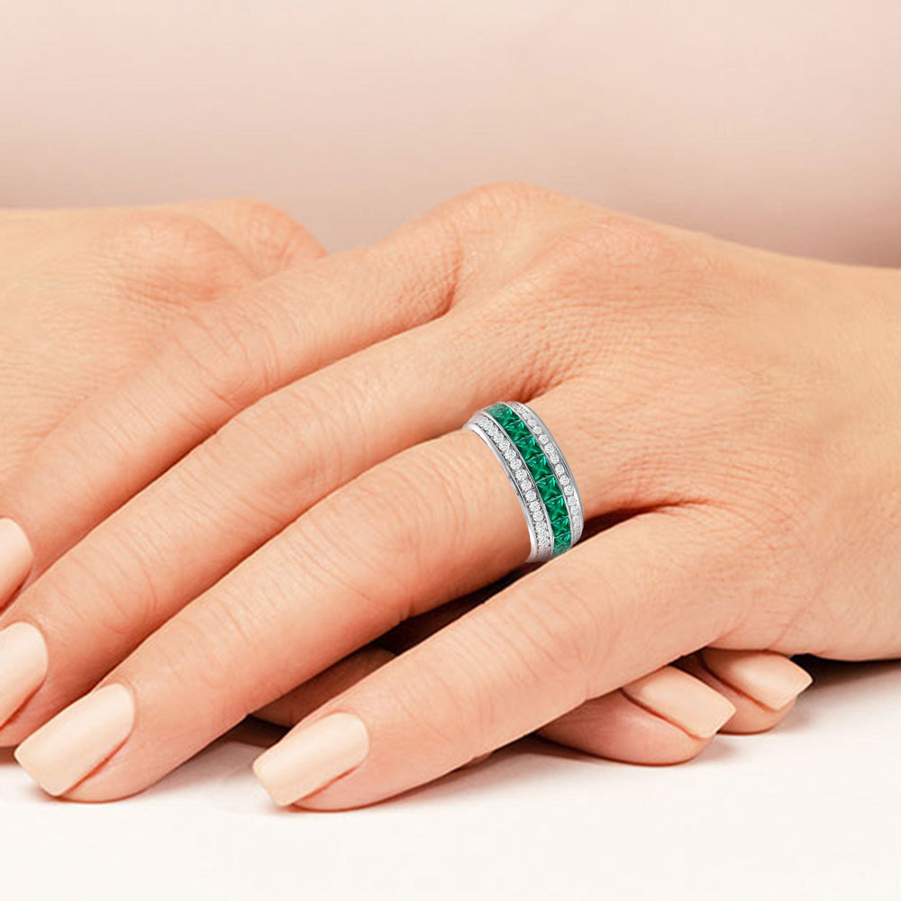 Model Wearing Triple Row Created Emerald Princess and Round Diamond Eternity Ring view