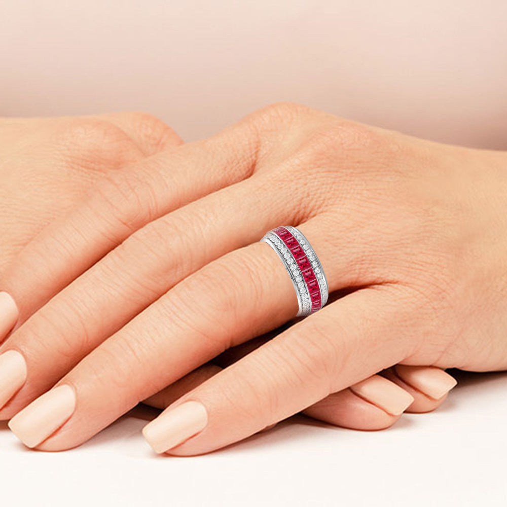 Model Wearing Triple Row Created Ruby Princess and Round Diamond Eternity Ring Size 7.5 view