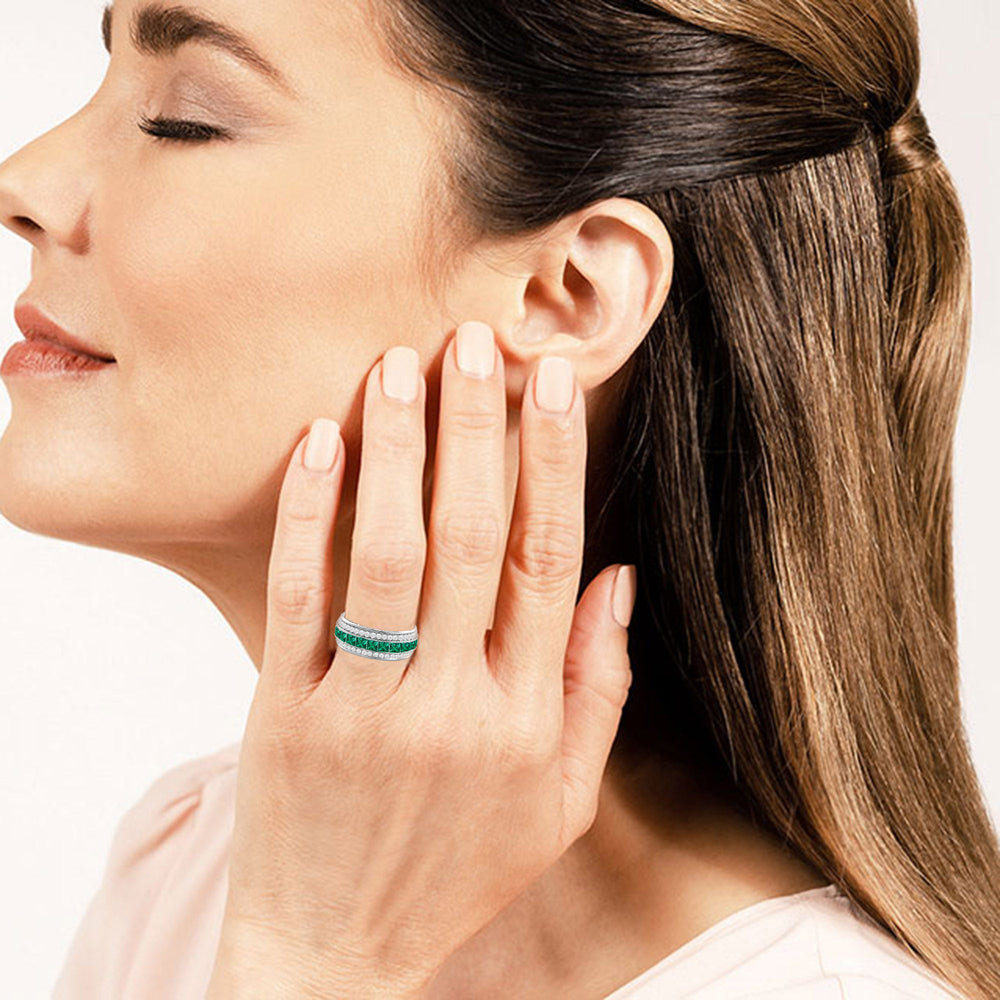 Model Wearing Triple Row Created Emerald Princess and Round Diamond Eternity Ring view