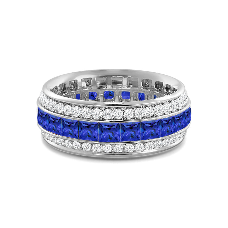 Triple Row Created Sapphire Princess and Round Diamond Eternity Ring
