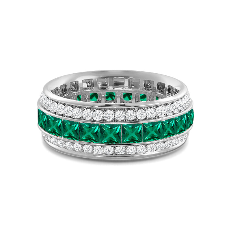 Triple Row Created Emerald Princess and Round Diamond Eternity Ring