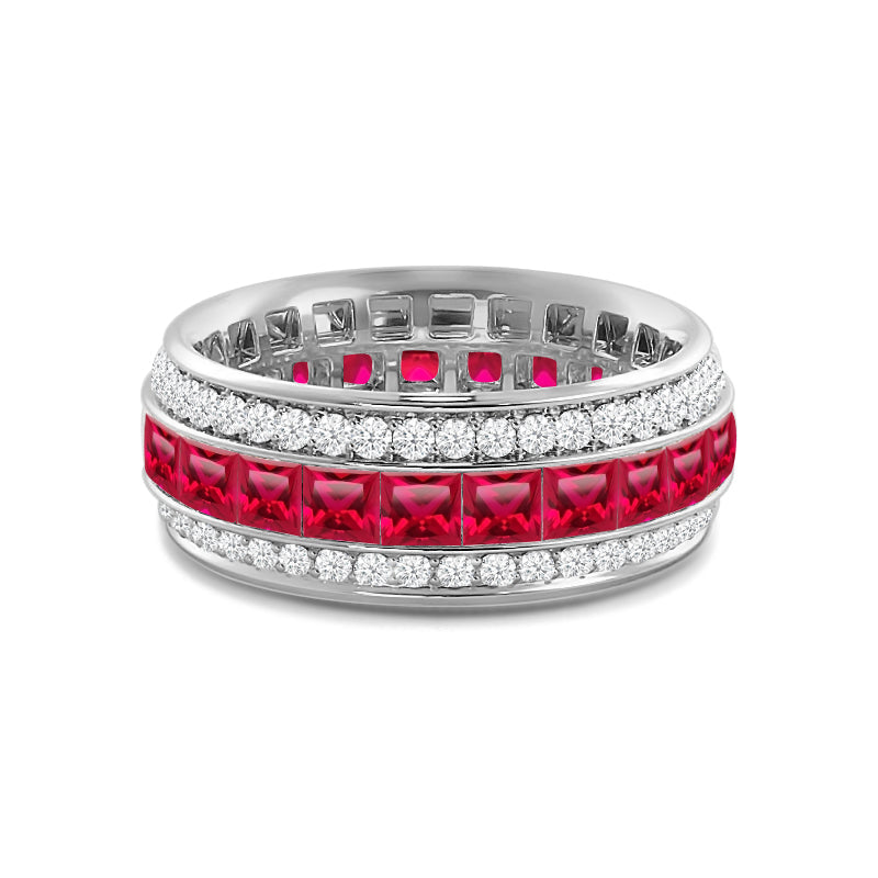 Triple Row Created Ruby Princess and Round Diamond Eternity Ring with 14KT White Gold Cut Diamond in 14KT White Gold view 1
