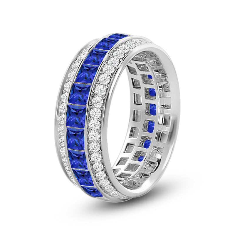 Triple Row Created Sapphire Princess and Round Diamond Eternity Ring with 14KT White Gold Cut Diamond in 14KT White Gold view 2
