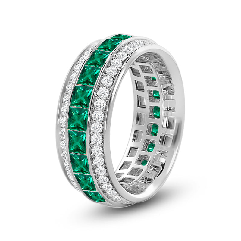 Triple Row Created Emerald Princess and Round Diamond Eternity Ring with 14KT White Gold Cut Diamond in 14KT White Gold view 2
