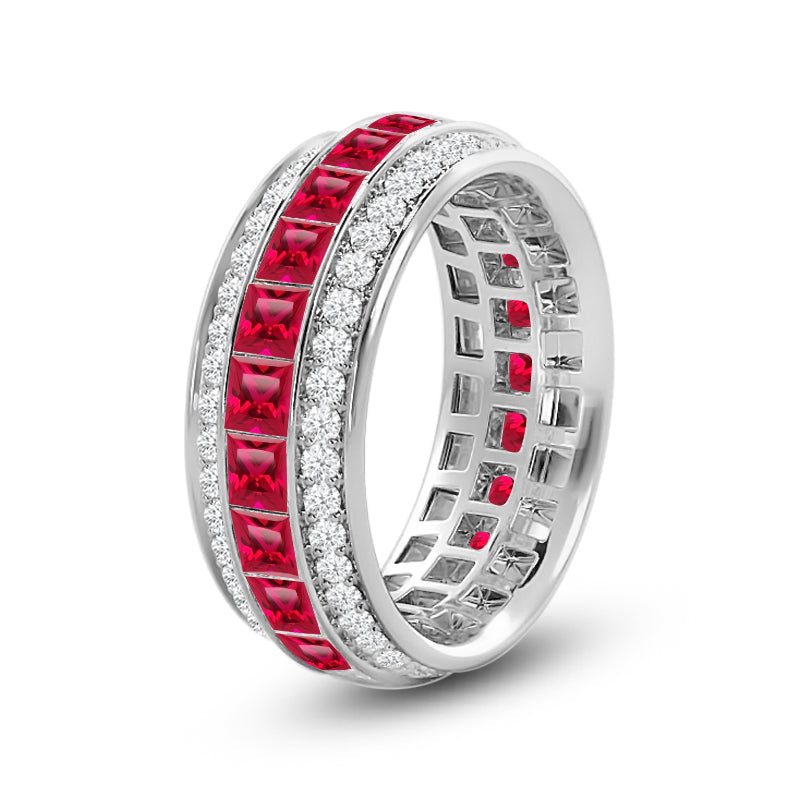 Triple Row Created Ruby Princess and Round Diamond Eternity Ring with 14KT White Gold Cut Diamond in 14KT White Gold view 2
