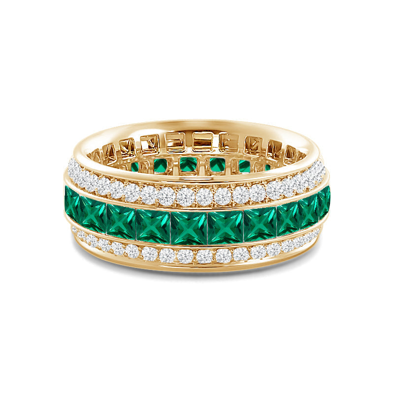 Triple Row Created Emerald Princess and Round Diamond Eternity Ring