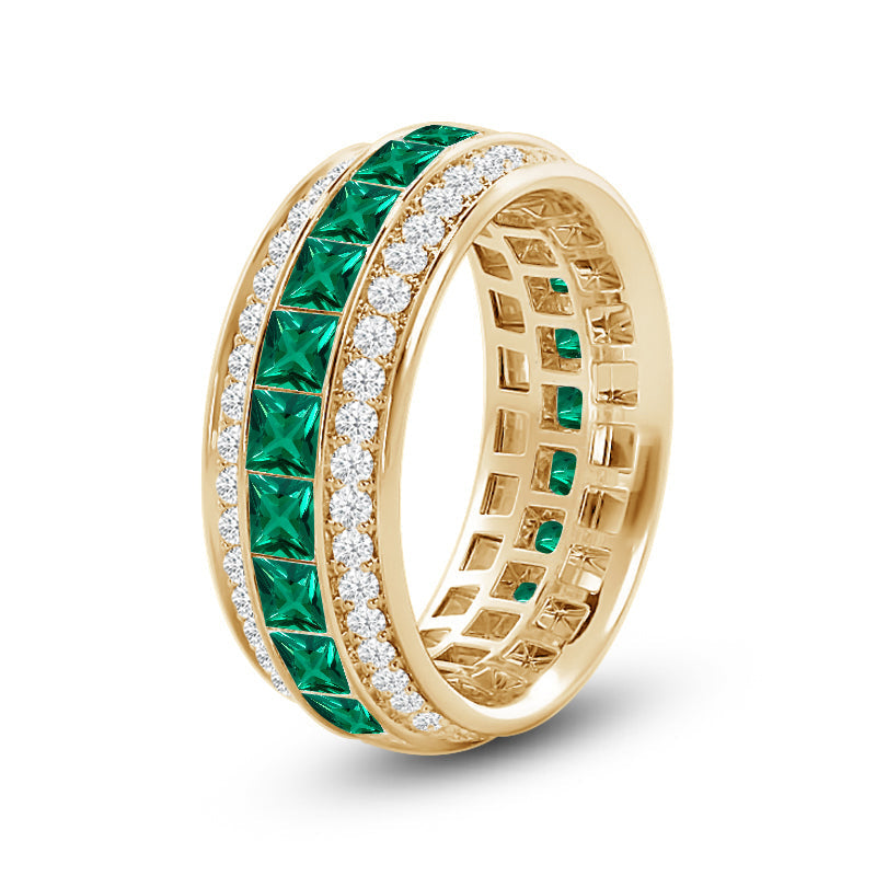 Triple Row Created Emerald Princess and Round Diamond Eternity Ring with 14KT Yellow Gold Cut Diamond in 14KT Yellow Gold view 2
