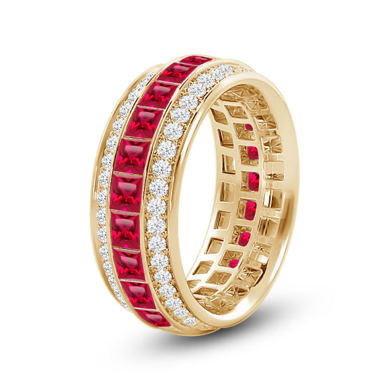 Triple Row Created Ruby Princess and Round Diamond Eternity Ring Size 7.5 with 14KT Yellow Gold Cut Diamond in 14KT Yellow Gold view 2
