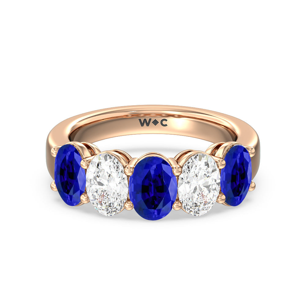 Five Stone Created Sapphire and Oval Diamond Anniversary Ring with 14KT Rose Gold Cut Diamond in 14KT Rose Gold view 1
